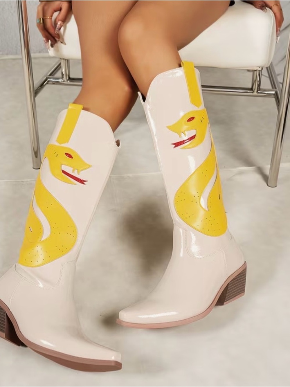 Women's Cream Patent Faux Leather Knee-High Boots w Yellow Snake Accent Sz 11